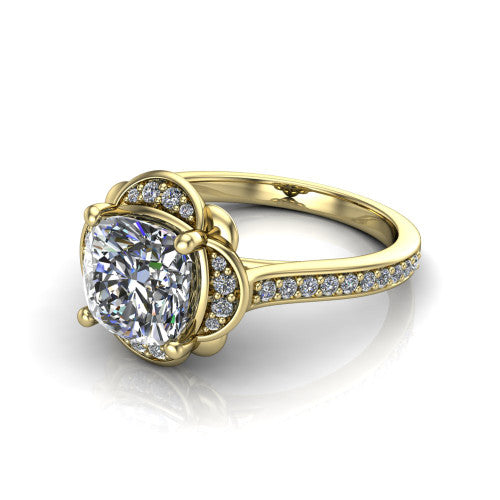 Sabrina cushion hidden halo engagement ring in 18K Yellow Gold, three-quarter perspective showing the cushion center above a round pav&eacute; under-halo on a pav&eacute; band