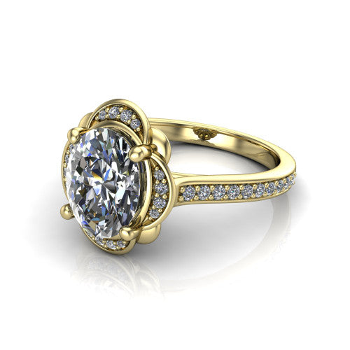 Sabrina oval hidden halo engagement ring in 14K Yellow Gold, three-quarter perspective showing the oval center above a round pav&eacute; under-halo on a pav&eacute; band