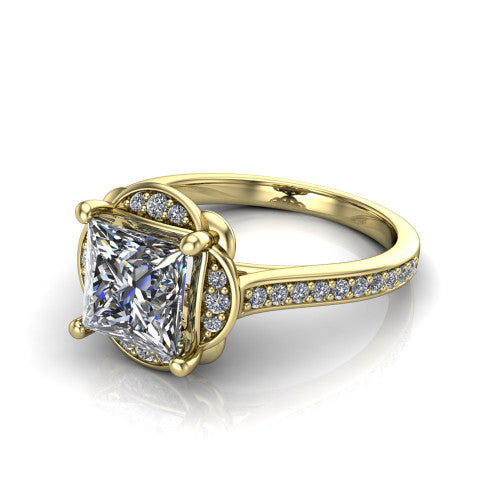 Sabrina princess hidden halo engagement ring in 14K Yellow Gold, three-quarter perspective showing the princess center above a round pav&eacute; under-halo on a pav&eacute; band