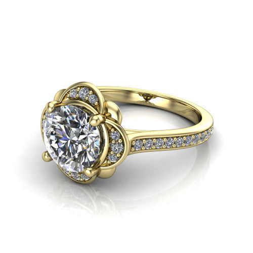 Sabrina round hidden halo engagement ring in 14K Yellow Gold, three-quarter perspective showing the round center above a round pav&eacute; under-halo on a pav&eacute; band