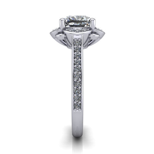 Sabrina cushion hidden halo engagement ring in Platinum, side profile showing the round pav&eacute; halo collar, pav&eacute; band, and milgrain edges in profile
