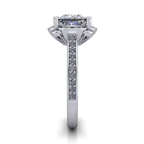 Sabrina princess hidden halo engagement ring in 18K White Gold, side profile showing the round pav&eacute; halo collar, pav&eacute; band, and milgrain edges in profile