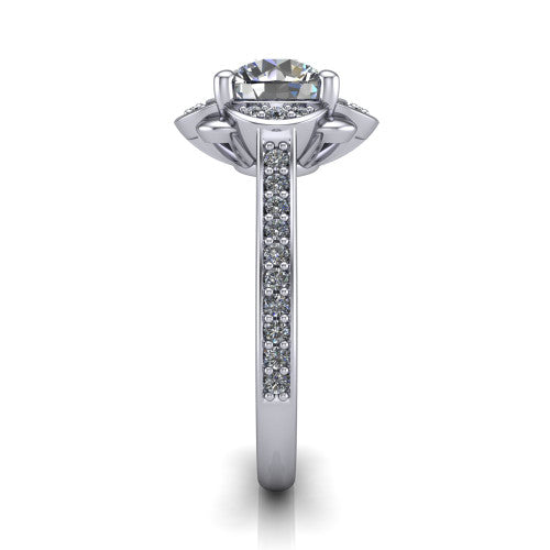Sabrina round hidden halo engagement ring in 18K White Gold, side profile showing the round pav&eacute; halo collar, pav&eacute; band, and milgrain edges in profile