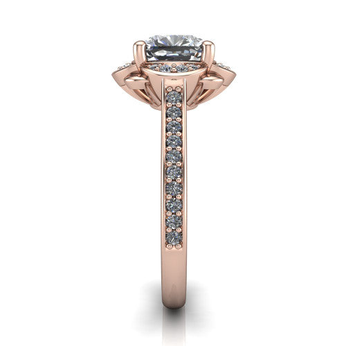 Sabrina cushion hidden halo engagement ring in 14K Rose Gold, side profile showing the round pav&eacute; halo collar, pav&eacute; band, and milgrain edges in profile