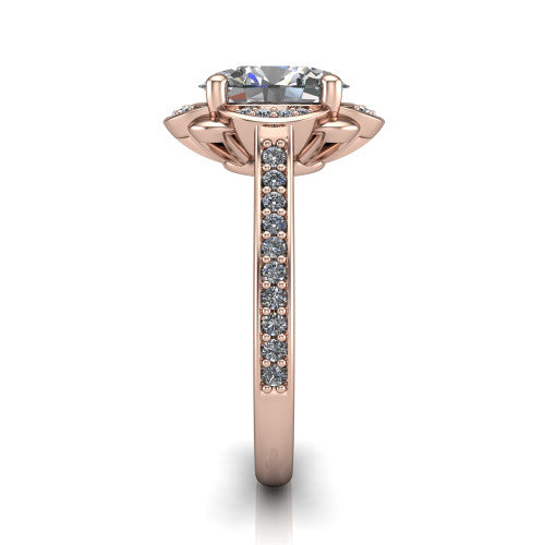 Sabrina oval hidden halo engagement ring in 14K Rose Gold, side profile showing the round pav&eacute; halo collar, pav&eacute; band, and milgrain edges in profile