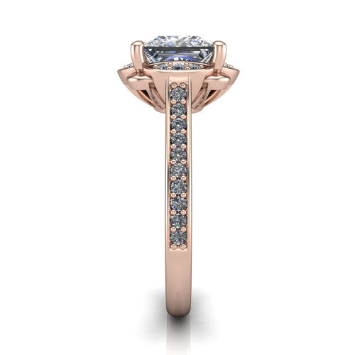 Sabrina princess hidden halo engagement ring in 18K Rose Gold, side profile showing the round pav&eacute; halo collar, pav&eacute; band, and milgrain edges in profile