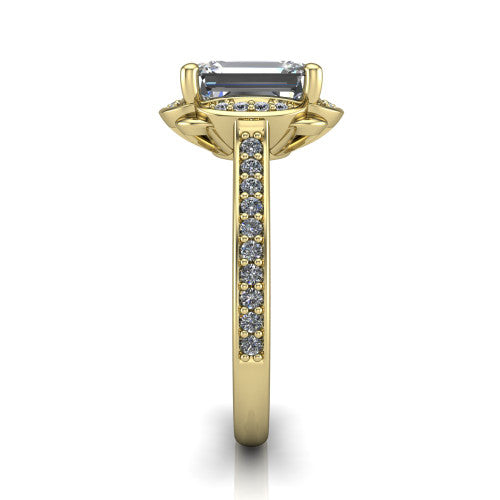Sabrina emerald hidden halo engagement ring in 14K Yellow Gold, side profile showing the round pav&eacute; halo collar, pav&eacute; band, and milgrain edges in profile