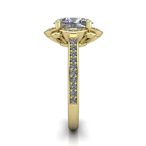 Sabrina oval hidden halo engagement ring in 14K Yellow Gold, side profile showing the round pav&eacute; halo collar, pav&eacute; band, and milgrain edges in profile