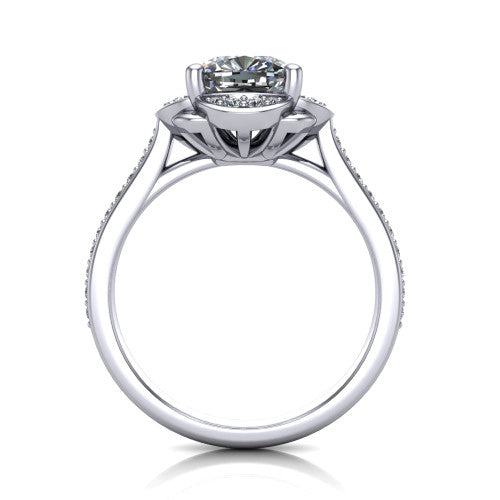 Sabrina cushion hidden halo engagement ring in Platinum, through-finger front profile showing the round under-halo collar beneath the cushion center