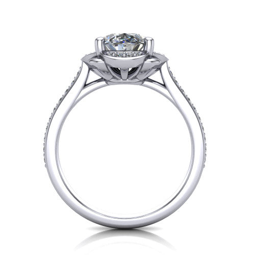 Sabrina oval hidden halo engagement ring in 14K White Gold, through-finger front profile showing the round under-halo collar beneath the oval center
