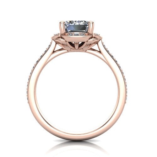 Sabrina emerald hidden halo engagement ring in 14K Rose Gold, through-finger front profile showing the round under-halo collar beneath the emerald center