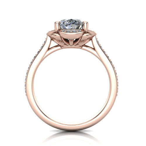 Sabrina oval hidden halo engagement ring in 14K Rose Gold, through-finger front profile showing the round under-halo collar beneath the oval center