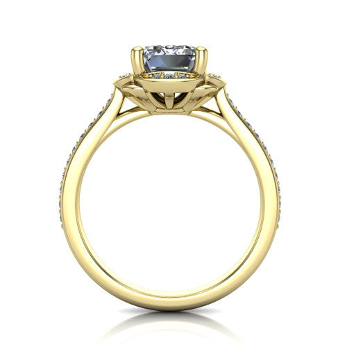 Sabrina emerald hidden halo engagement ring in 14K Yellow Gold, through-finger front profile showing the round under-halo collar beneath the emerald center