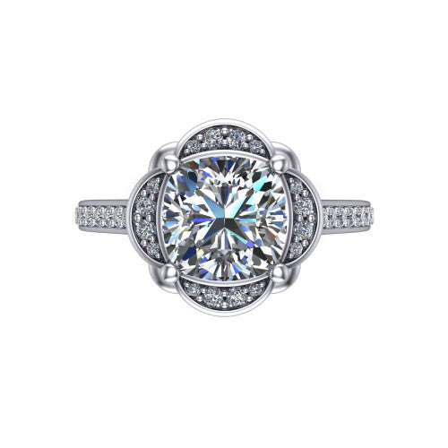 Sabrina cushion hidden halo engagement ring in 18K White Gold, top-down view showing the compass prongs and round pav&eacute; halo framing the cushion center