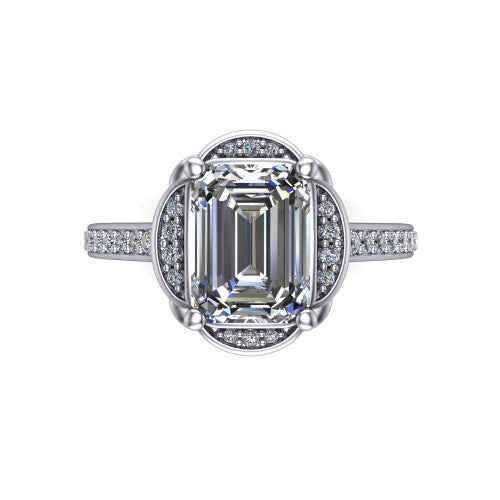 Sabrina emerald hidden halo engagement ring in 18K White Gold, top-down view showing the compass prongs and round pav&eacute; halo framing the emerald center