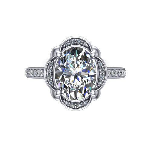 Sabrina oval hidden halo engagement ring in Platinum, top-down view showing the compass prongs and round pav&eacute; halo framing the oval center