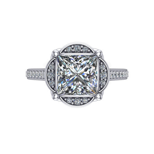 Sabrina princess hidden halo engagement ring in 18K White Gold, top-down view showing the compass prongs and round pav&eacute; halo framing the princess center