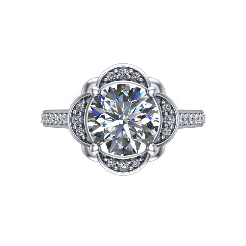 Sabrina round hidden halo engagement ring in 14K White Gold, top-down view showing the compass prongs and round pav&eacute; halo framing the round center