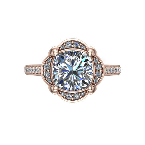 Sabrina cushion hidden halo engagement ring in 14K Rose Gold, top-down view showing the compass prongs and round pav&eacute; halo framing the cushion center