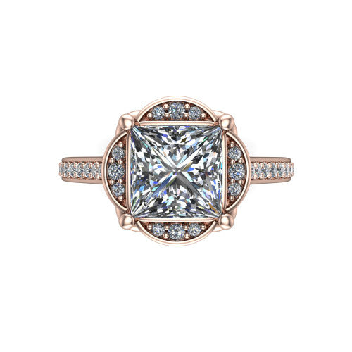 Sabrina princess hidden halo engagement ring in 14K Rose Gold, top-down view showing the compass prongs and round pav&eacute; halo framing the princess center