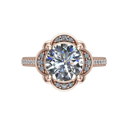 Sabrina round hidden halo engagement ring in 14K Rose Gold, top-down view showing the compass prongs and round pav&eacute; halo framing the round center