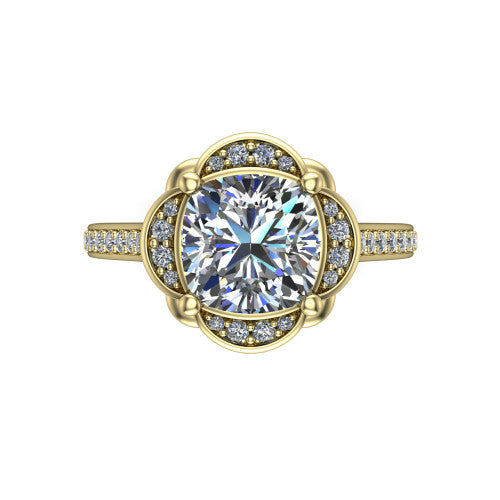 Sabrina cushion hidden halo engagement ring in 14K Yellow Gold, top-down view showing the compass prongs and round pav&eacute; halo framing the cushion center