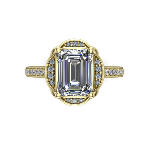Sabrina emerald hidden halo engagement ring in 14K Yellow Gold, top-down view showing the compass prongs and round pav&eacute; halo framing the emerald center