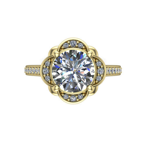 Sabrina round hidden halo engagement ring in 18K Yellow Gold, top-down view showing the compass prongs and round pav&eacute; halo framing the round center