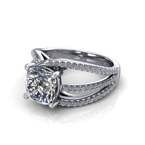 Teagan cushion split shank engagement ring in 14K White Gold, three-quarter perspective showing the cushion center above a woven multi-row pav&eacute; split shank