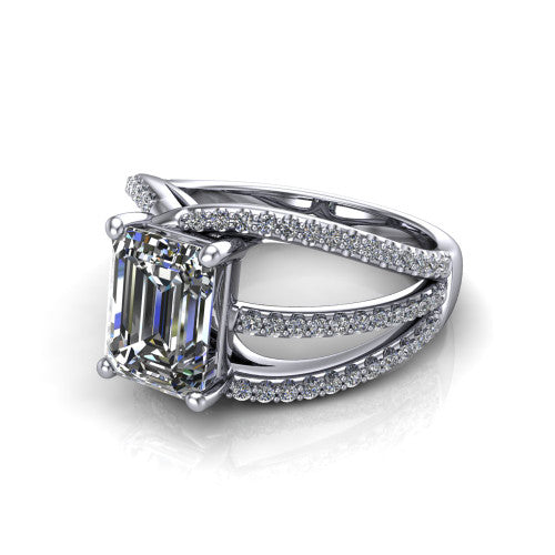 Teagan emerald split shank engagement ring in 14K White Gold, three-quarter perspective showing the emerald center above a woven multi-row pav&eacute; split shank