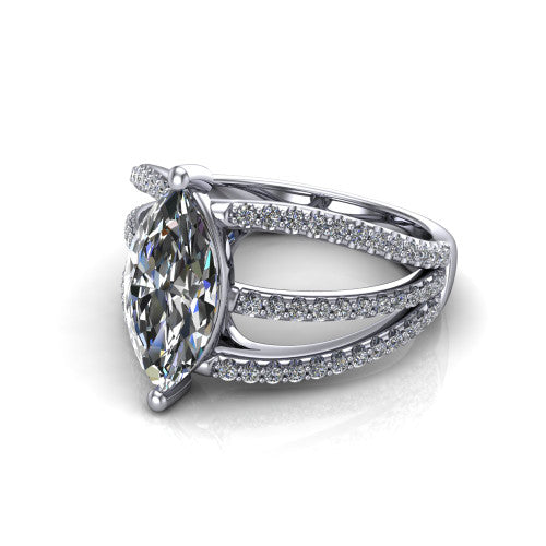 Teagan marquise split shank engagement ring in Platinum, three-quarter perspective showing the marquise center above a woven multi-row pav&eacute; split shank