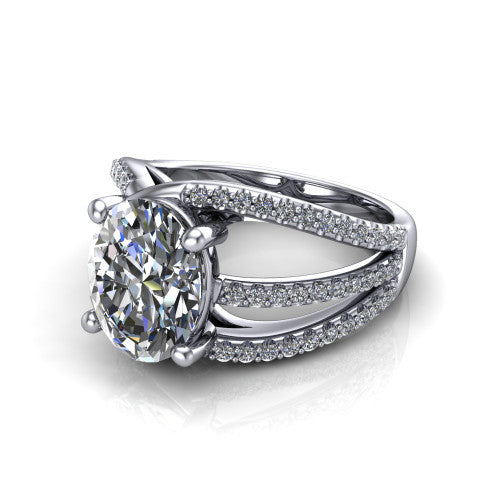 Teagan oval split shank engagement ring in 14K White Gold, three-quarter perspective showing the oval center above a woven multi-row pav&eacute; split shank