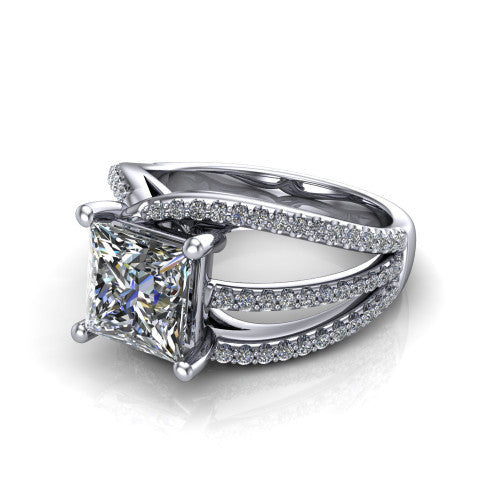 Teagan princess split shank engagement ring in Platinum, three-quarter perspective showing the princess center above a woven multi-row pav&eacute; split shank