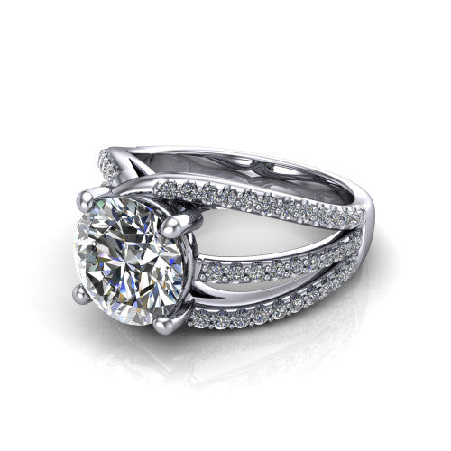Teagan round split shank engagement ring in 14K White Gold, three-quarter perspective showing the round center above a woven multi-row pav&eacute; split shank