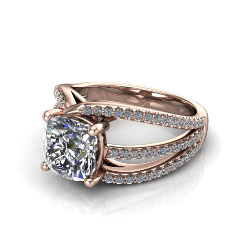 Teagan cushion split shank engagement ring in 14K Rose Gold, three-quarter perspective showing the cushion center above a woven multi-row pav&eacute; split shank