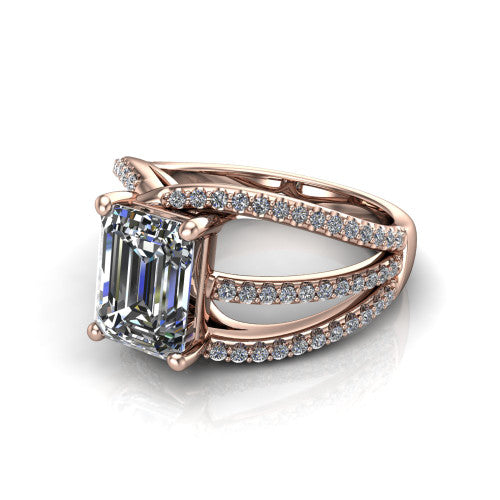 Teagan emerald split shank engagement ring in 18K Rose Gold, three-quarter perspective showing the emerald center above a woven multi-row pav&eacute; split shank