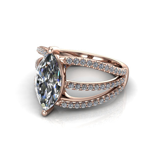 Teagan marquise split shank engagement ring in 18K Rose Gold, three-quarter perspective showing the marquise center above a woven multi-row pav&eacute; split shank