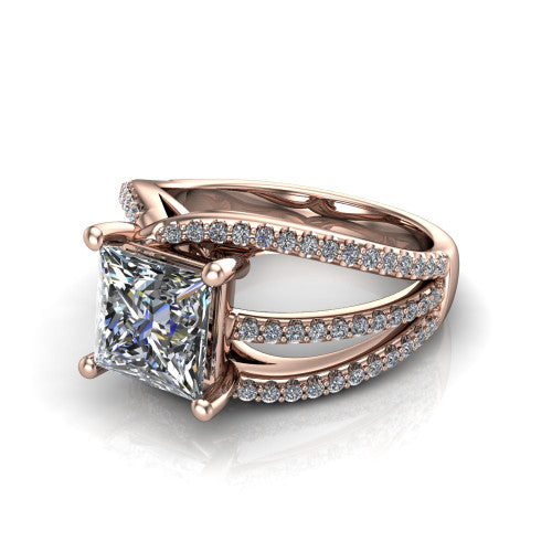 Teagan princess split shank engagement ring in 14K Rose Gold, three-quarter perspective showing the princess center above a woven multi-row pav&eacute; split shank
