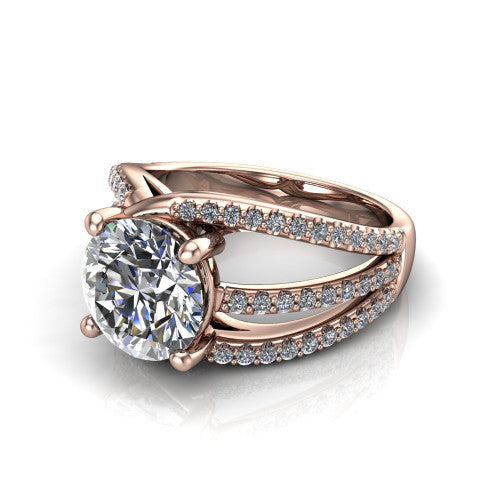 Teagan round split shank engagement ring in 18K Rose Gold, three-quarter perspective showing the round center above a woven multi-row pav&eacute; split shank