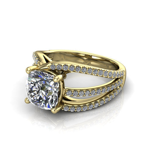 Teagan cushion split shank engagement ring in 14K Yellow Gold, three-quarter perspective showing the cushion center above a woven multi-row pav&eacute; split shank