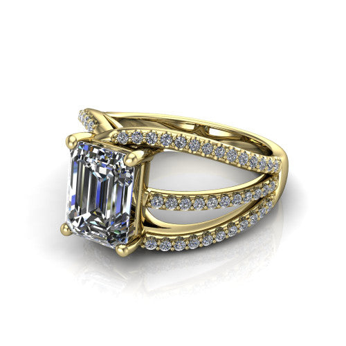 Teagan emerald split shank engagement ring in 14K Yellow Gold, three-quarter perspective showing the emerald center above a woven multi-row pav&eacute; split shank