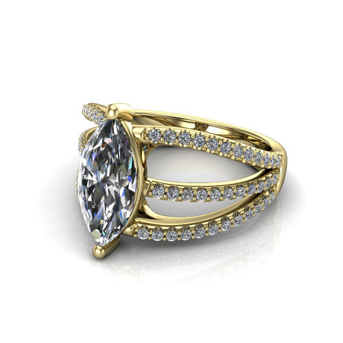 Teagan marquise split shank engagement ring in 18K Yellow Gold, three-quarter perspective showing the marquise center above a woven multi-row pav&eacute; split shank