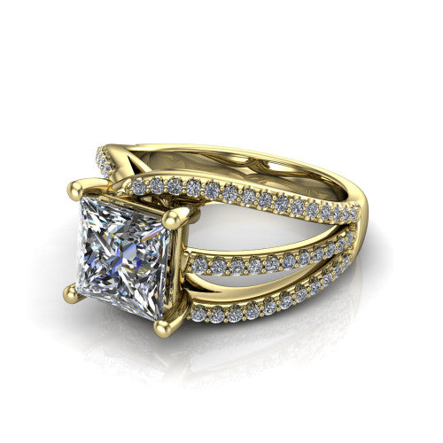 Teagan princess split shank engagement ring in 18K Yellow Gold, three-quarter perspective showing the princess center above a woven multi-row pav&eacute; split shank