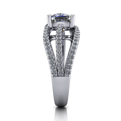 Teagan cushion split shank engagement ring in Platinum, side profile showing the multi-strand pav&eacute; split shank sweeping up to the cushion center