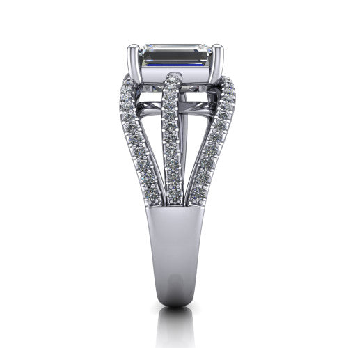 Teagan emerald split shank engagement ring in 14K White Gold, side profile showing the multi-strand pav&eacute; split shank sweeping up to the emerald center