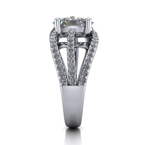 Teagan oval split shank engagement ring in 14K White Gold, side profile showing the multi-strand pav&eacute; split shank sweeping up to the oval center