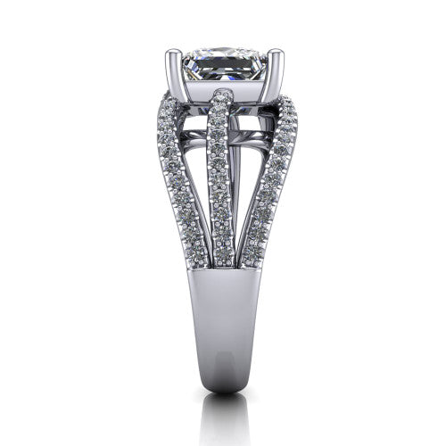 Teagan princess split shank engagement ring in 14K White Gold, side profile showing the multi-strand pav&eacute; split shank sweeping up to the princess center