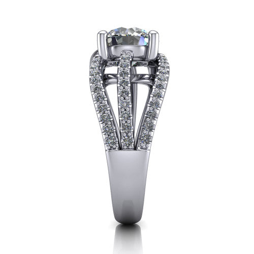 Teagan round split shank engagement ring in 14K White Gold, side profile showing the multi-strand pav&eacute; split shank sweeping up to the round center