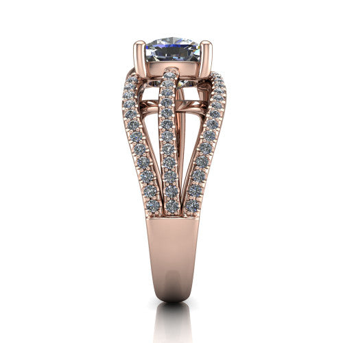 Teagan cushion split shank engagement ring in 14K Rose Gold, side profile showing the multi-strand pav&eacute; split shank sweeping up to the cushion center
