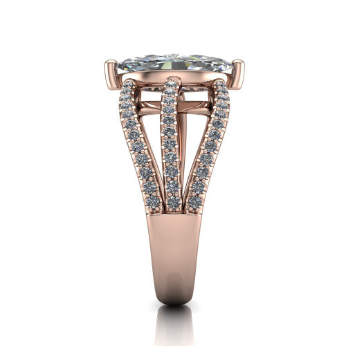 Teagan marquise split shank engagement ring in 14K Rose Gold, side profile showing the multi-strand pav&eacute; split shank sweeping up to the marquise center